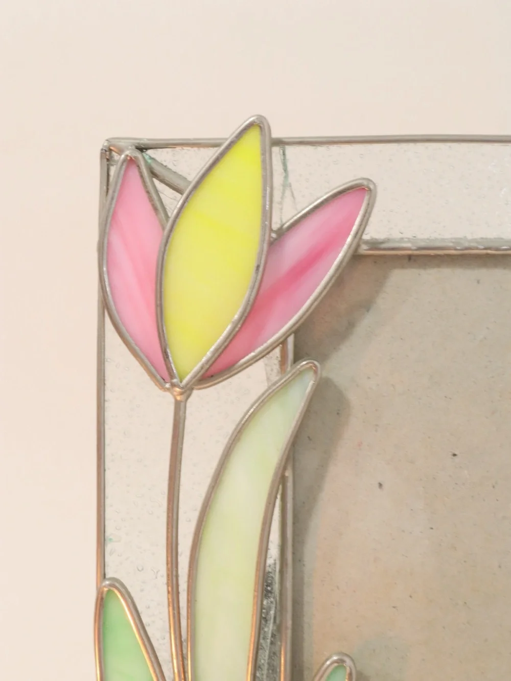 Handcrafted Stained Glass Tulip Picture Frame with Pink and yellow petals 6¾x8”
